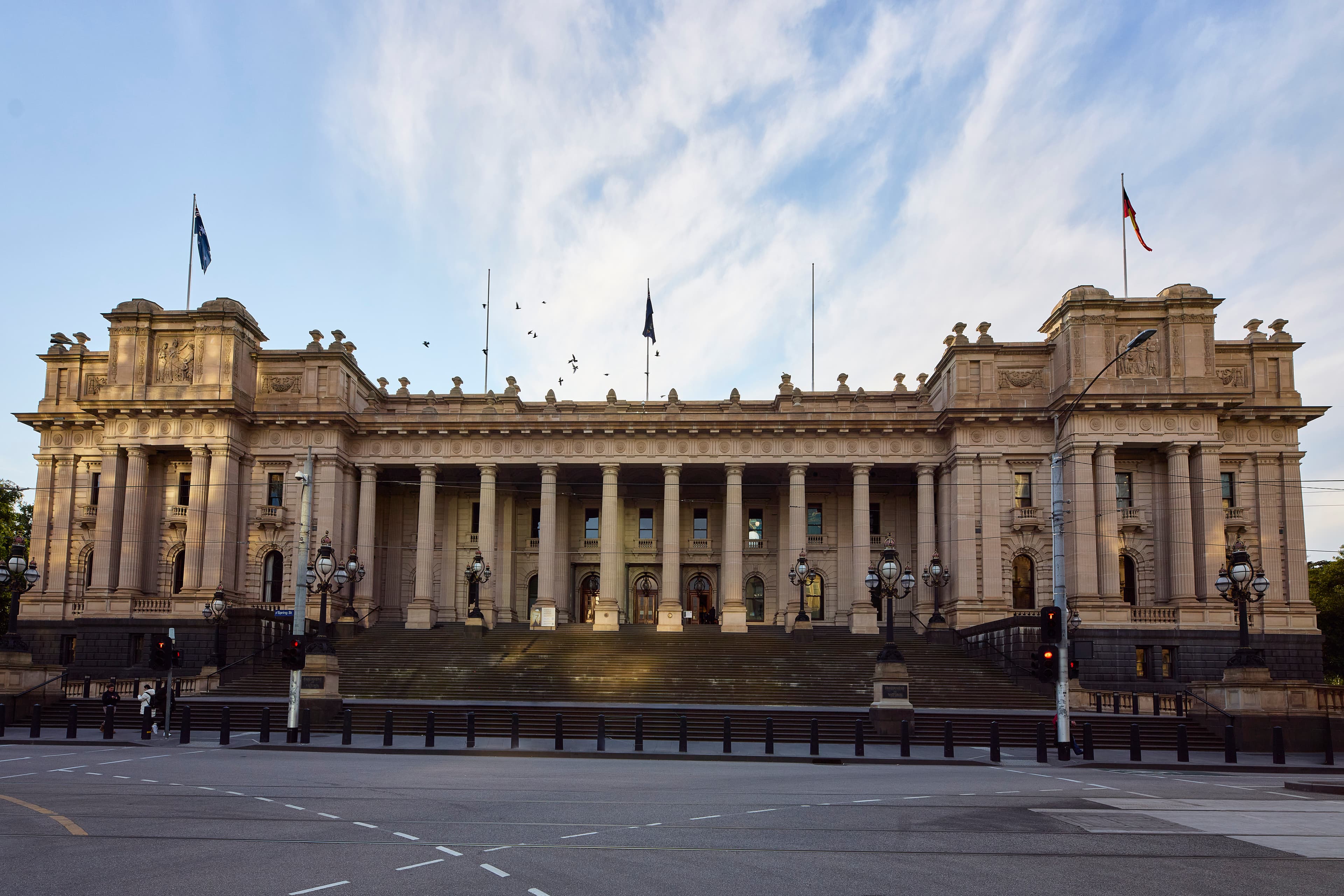 Parliament House photographed from Bourke Street.